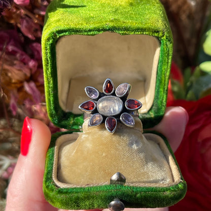 Sterling Silver Moonstone Amethyst Garnet Crystal Flower Ring M