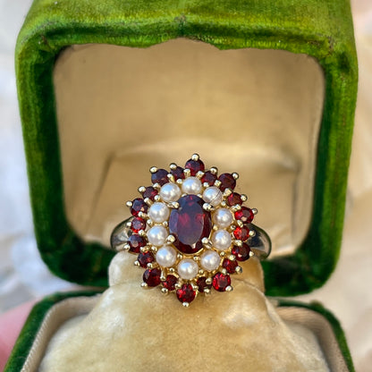 Vintage 9ct Gold Garnet And Pearl Ring Large Cocktail Victorian Revival P-Q 4.5g