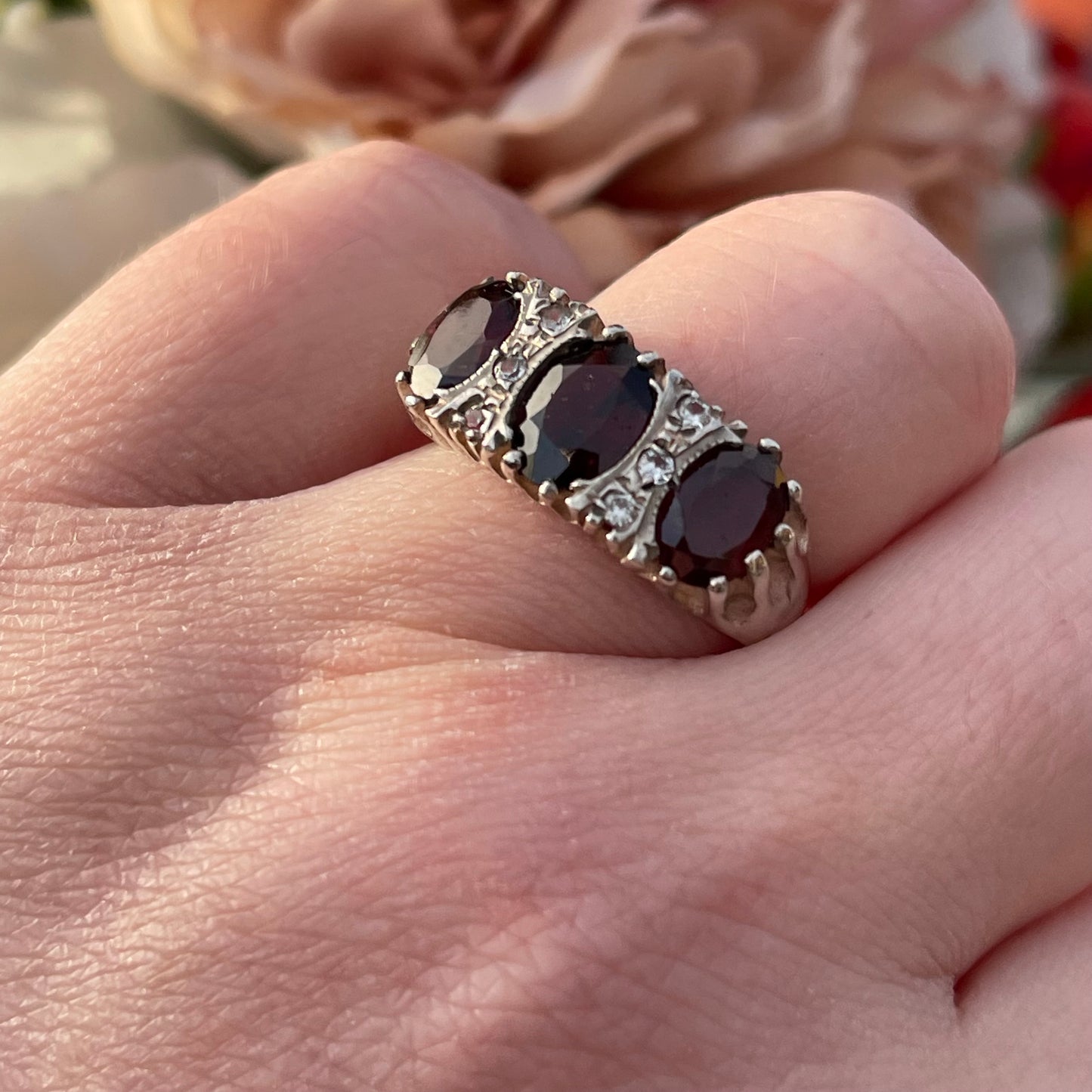 Vintage Sterling Silver 3 triple stone Gypsy Ring Victorian inspired 1977 Q 4.4g
