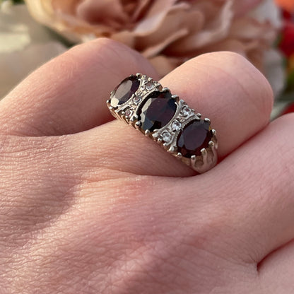 Vintage Sterling Silver 3 triple stone Gypsy Ring Victorian inspired 1977 Q 4.4g