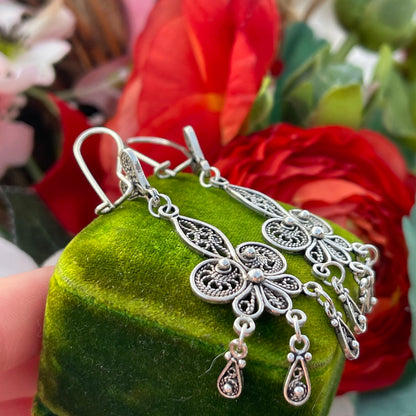 Vintage Sterling Silver Fleur De Lis Filigree earrings Tassel Chandelier Large
