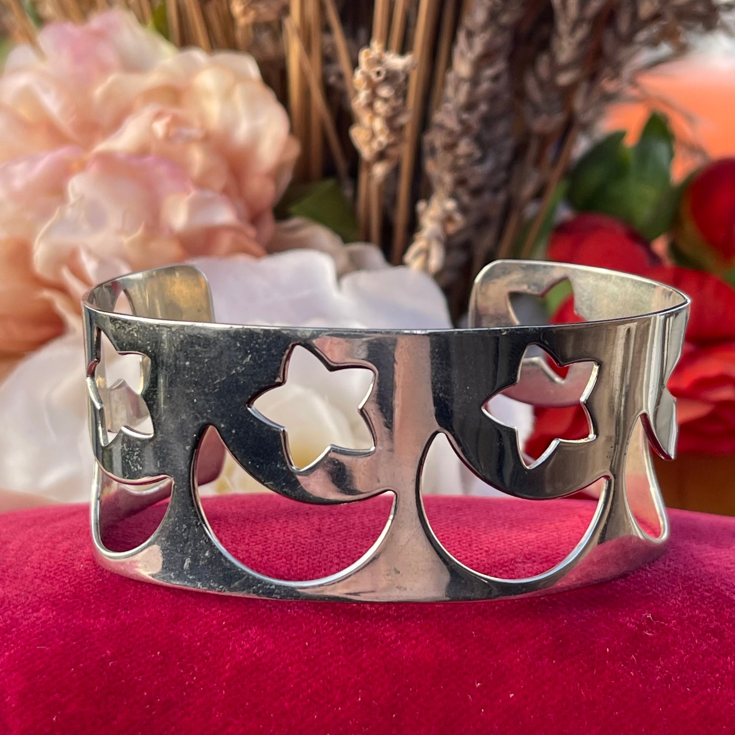 Vintage Sterling Silver Celestial Moon Stars Bangle Cuff Bracelet