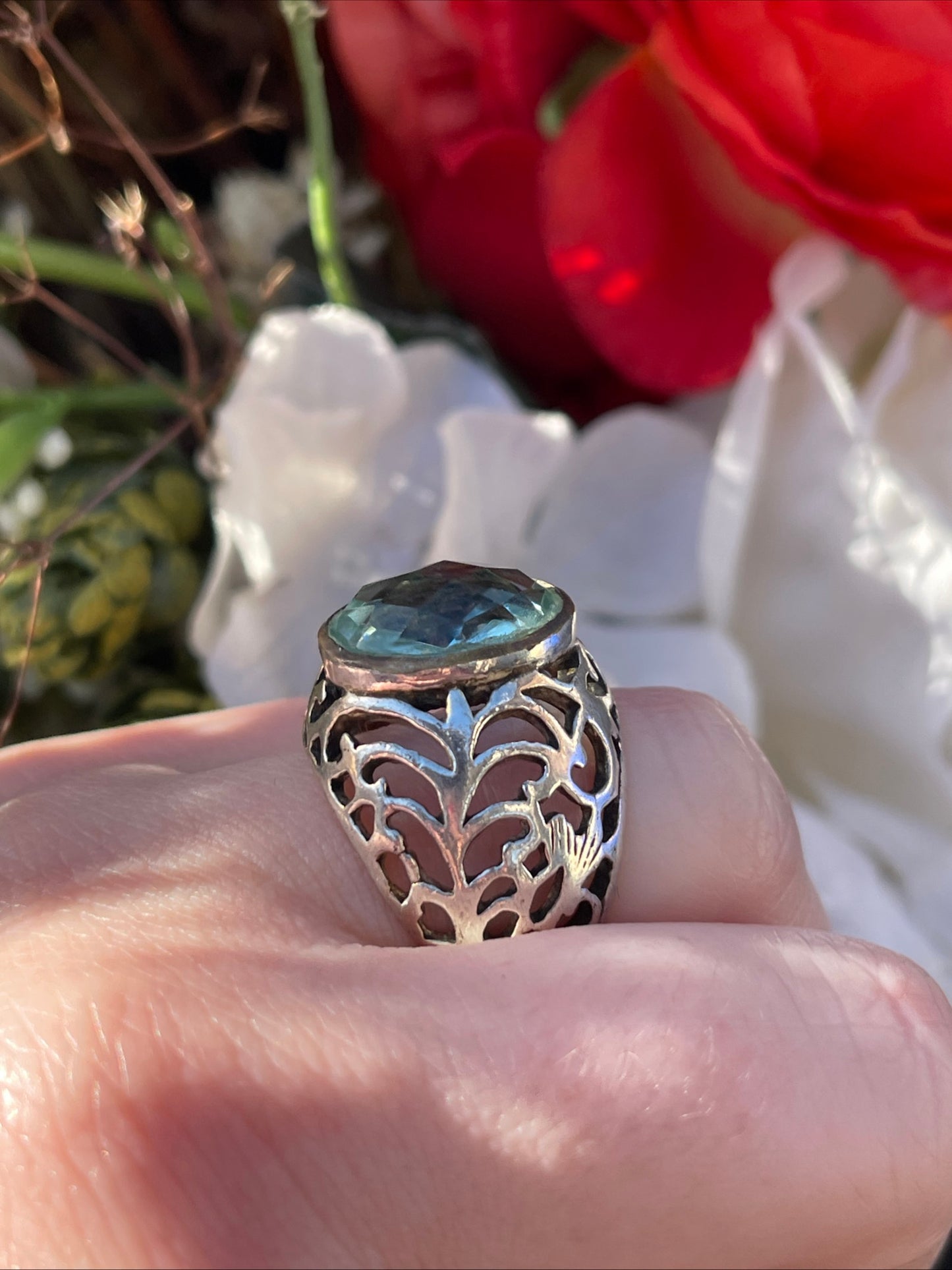 Vintage Sterling Silver Openwork Chunky Ring Blue Stone P-Q Heavy 8.7g