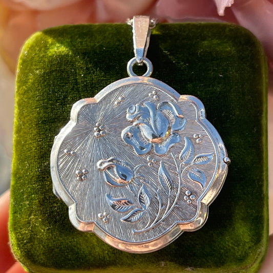 Vintage Sterling Silver Rose Starburst Art Nouveau Revival Locket