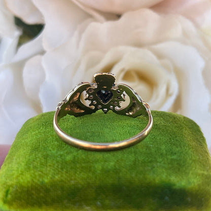 Vintage 9ct Gold Claddagh Ring heart hands Crown Sapphire Q R 2g