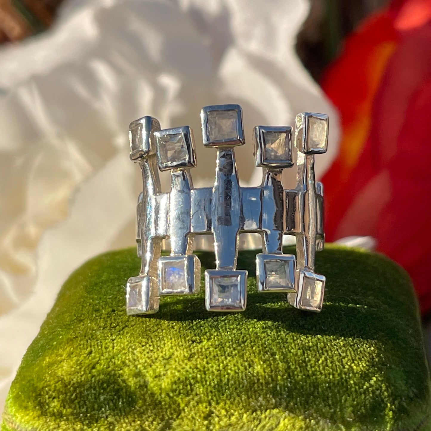 Vintage Sterling Silver Moonstone Square Modernist Statement Ring P