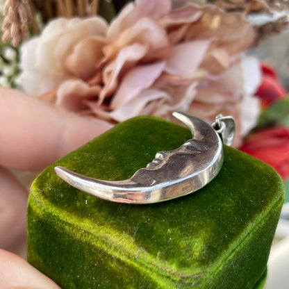 Unreleased: Vintage Large Sterling Silver Crescent Moon Face Pendant