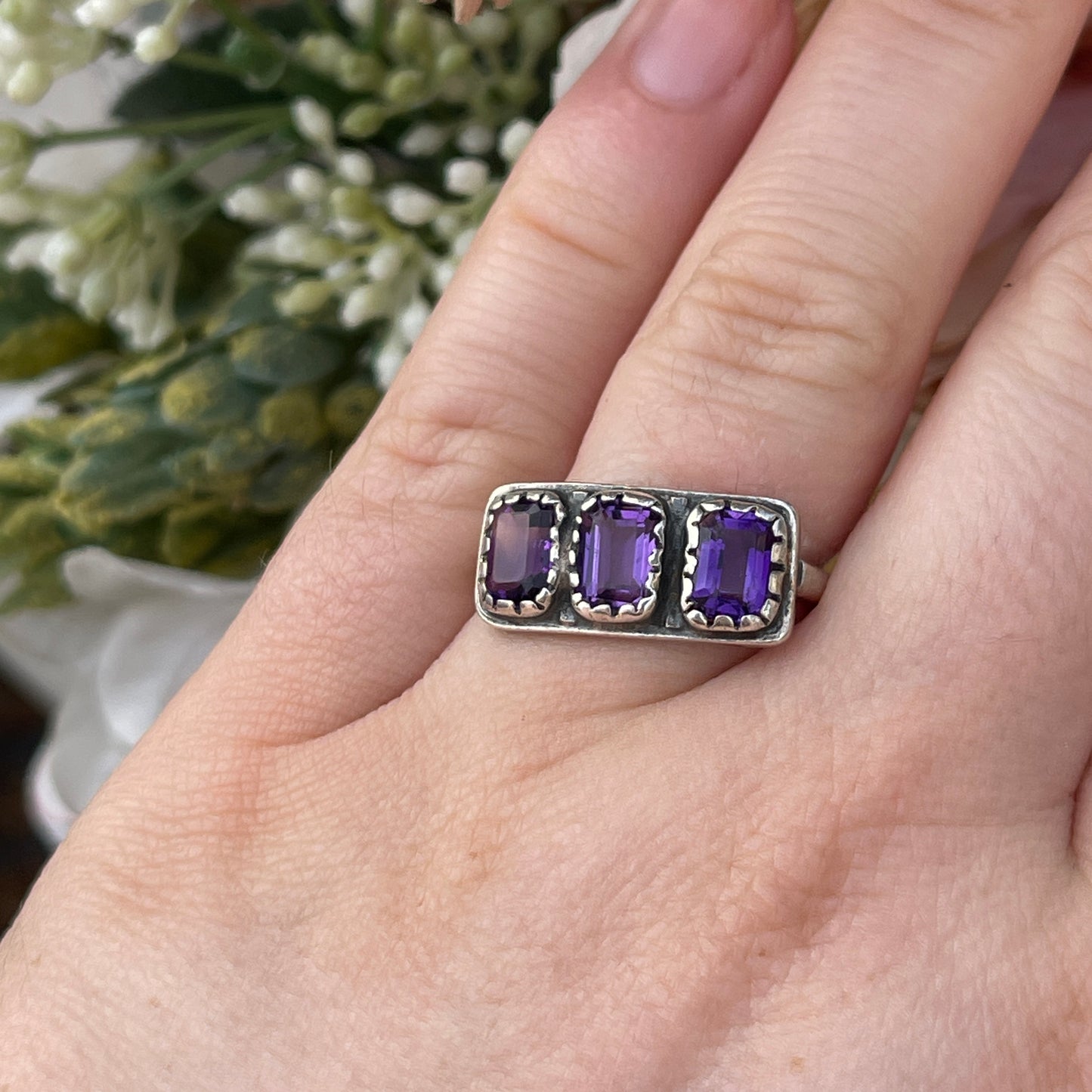Unreleased: Antique Sterling Silver Triple Rectangular Stone Amethyst Ring P