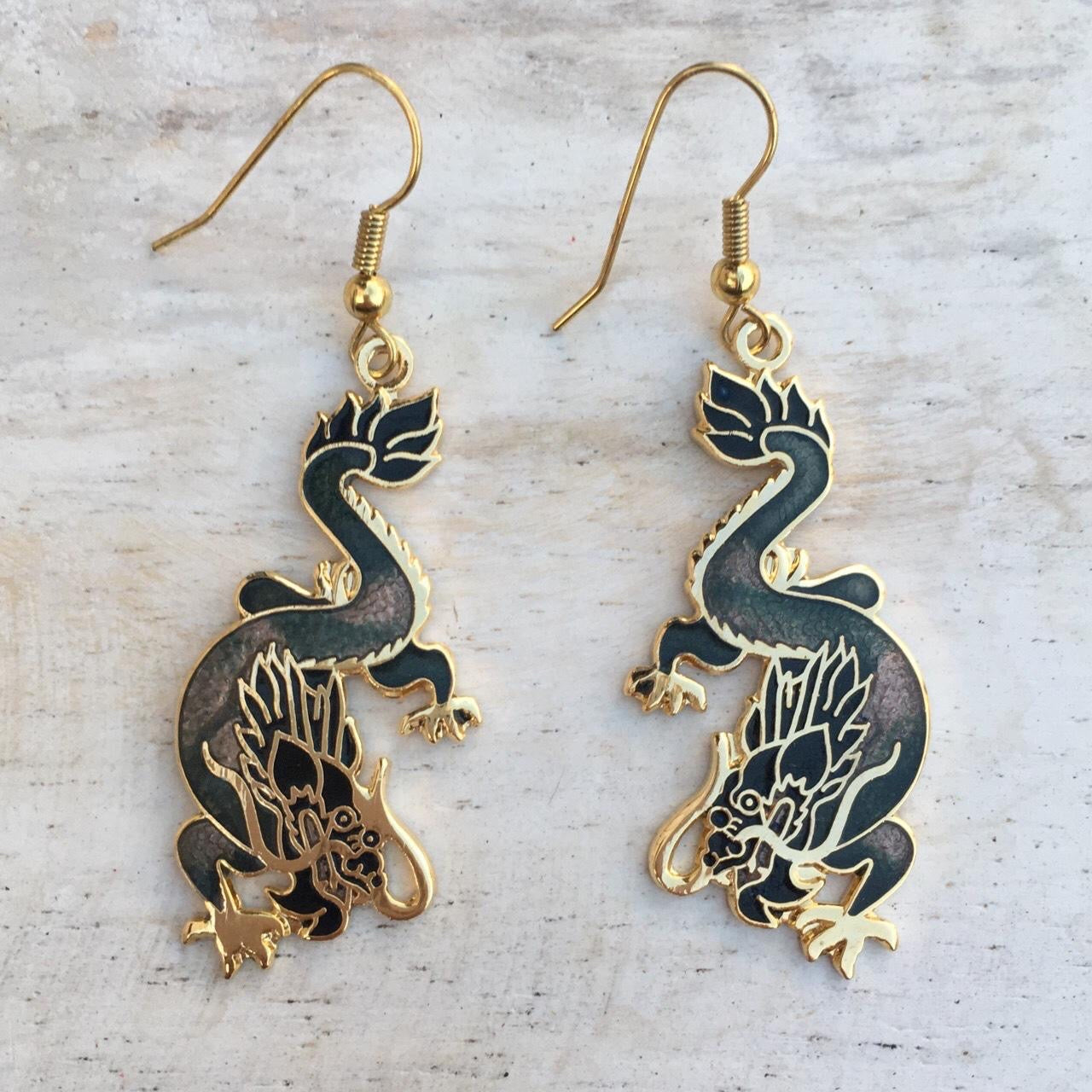 Vintage cloisonné mystical dragon earrings