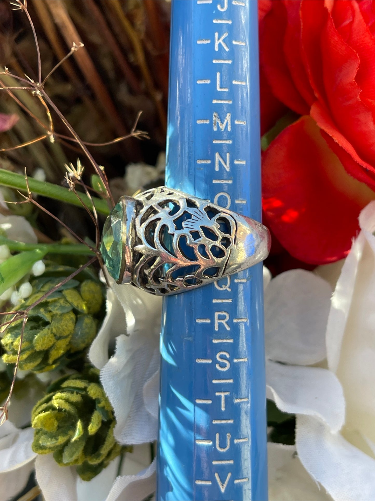 Vintage Sterling Silver Openwork Chunky Ring Blue Stone P-Q Heavy 8.7g