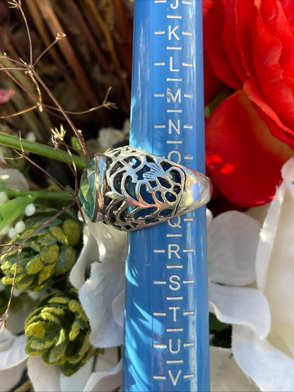 Vintage Sterling Silver Openwork Chunky Ring Blue Stone P-Q Heavy 8.7g