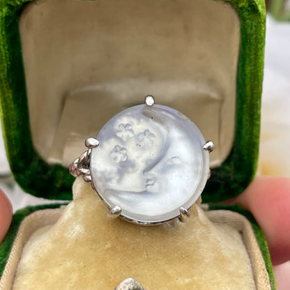 Sterling Silver Iridescent Moon & Stars Ring Vintage Celestial Style Q