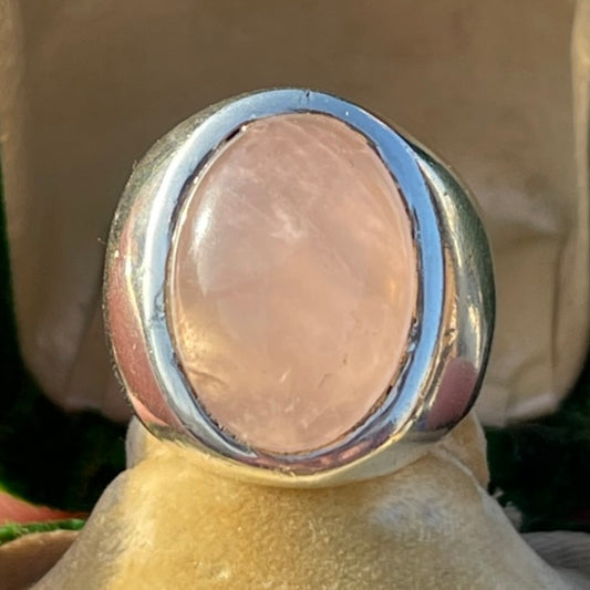 Sterling Silver Rose Quartz Cabochon Ring Statement Chunky Heavy M