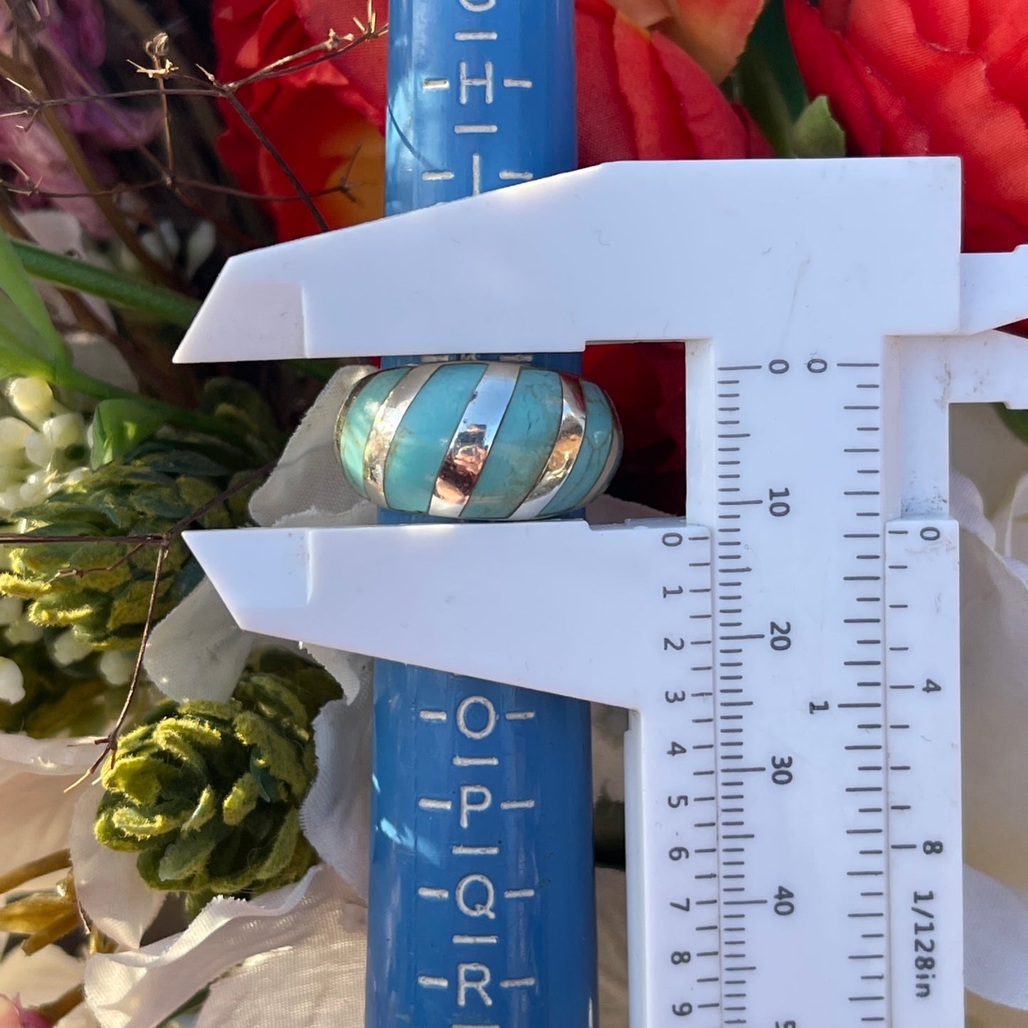 Sterling Silver Turquoise Stripe Bombe Ring Statement Chunky L-M