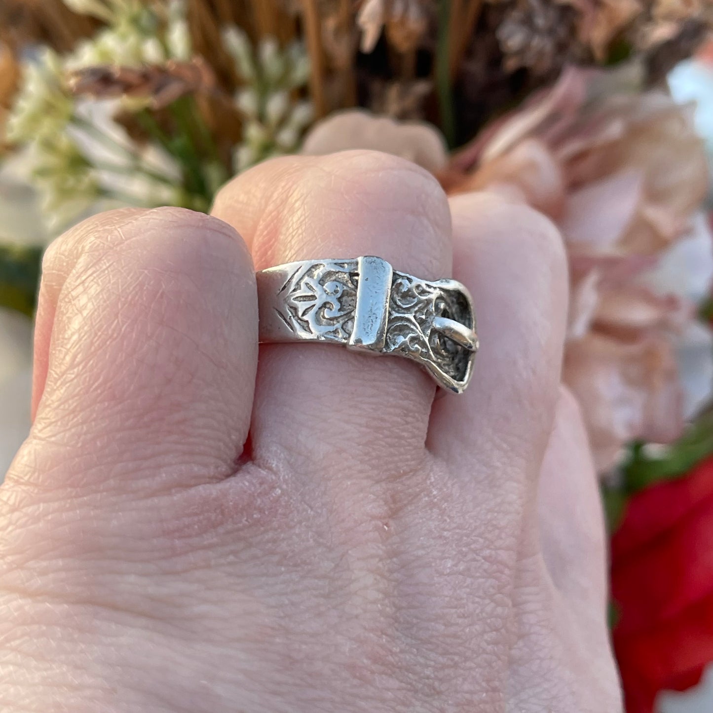 Antique Sterling Silver Victorian Buckle Ring SIL UK S Heavy 7g