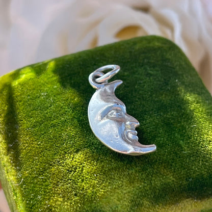 Sterling Silver Vintage Crescent Moon Face Charm Double Sided