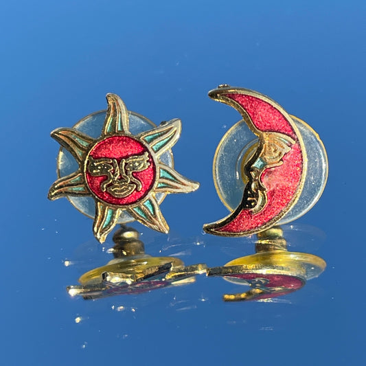 Vintage Red Cloisonné Celestial Stud Earrings