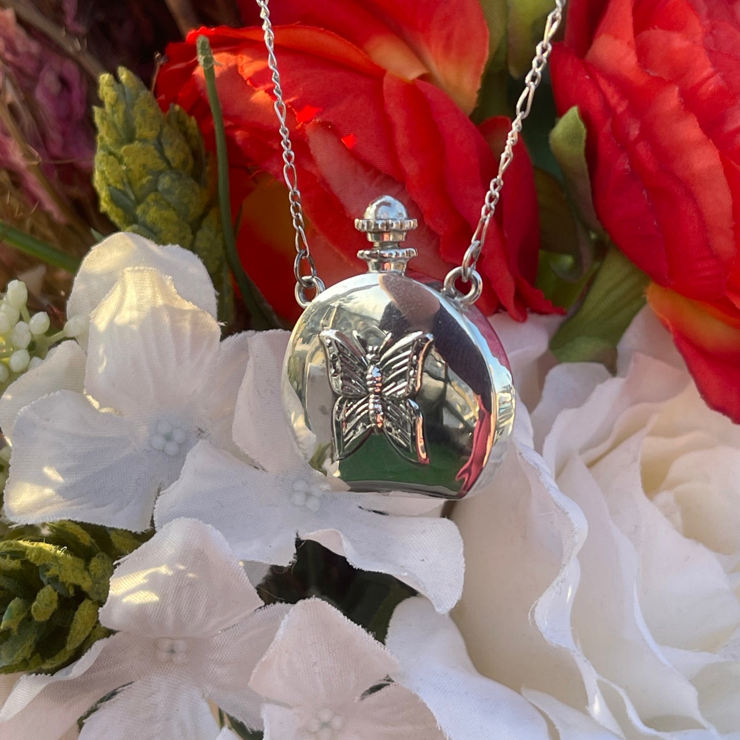 Vintage Silver Butterfly Perfume Bottle Pendant Necklace