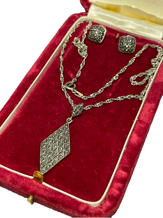 Vintage Sterling Silver marcasite necklace earrings set