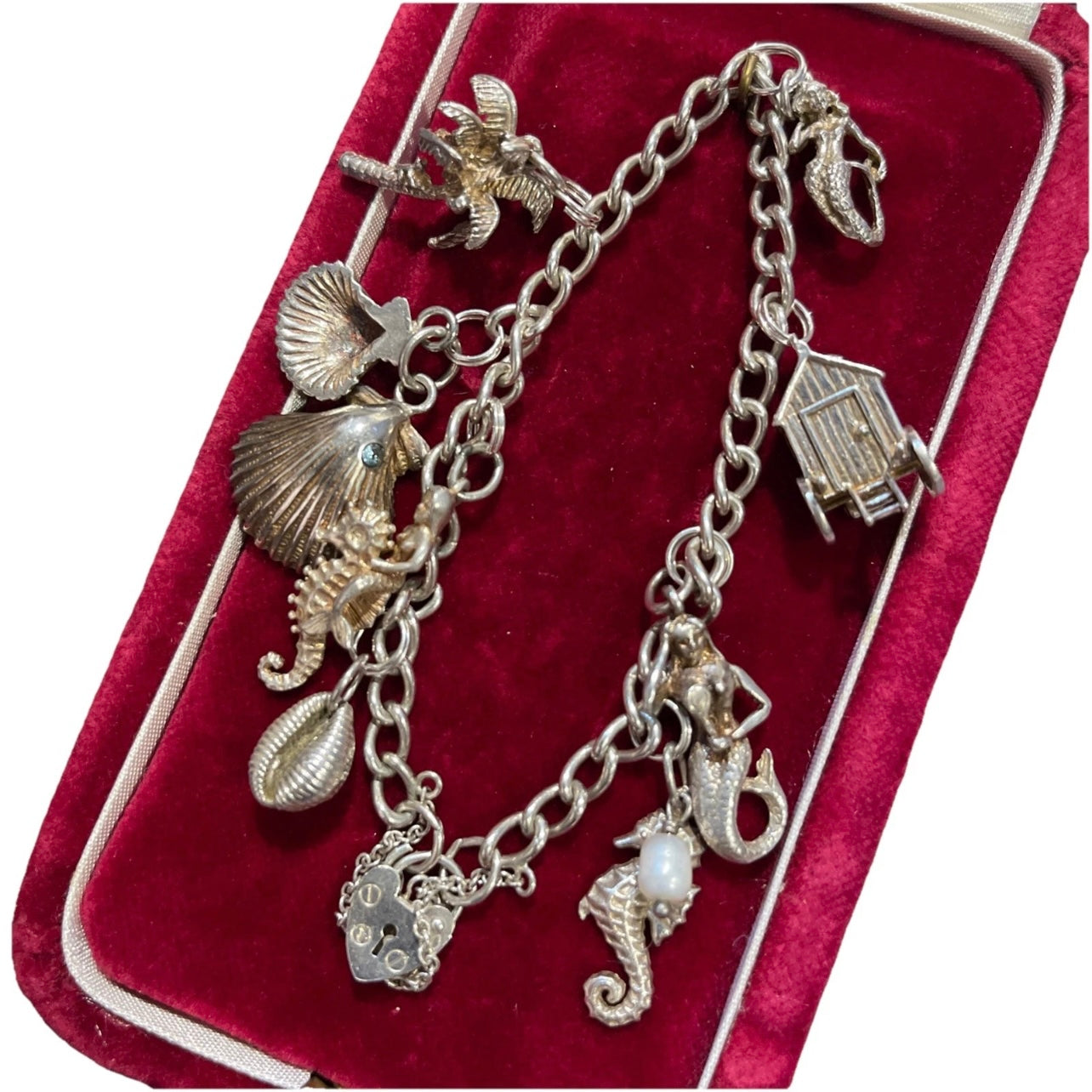Vintage Sterling Silver Ocean Theme Charm Bracelet Mermaid Seahorse