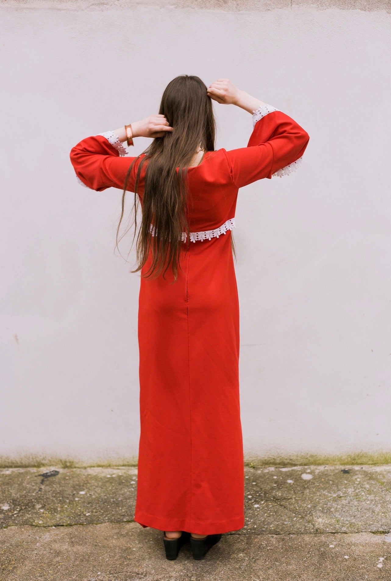 Vintage 60s red white crochet lace bell sleeve maxi dress