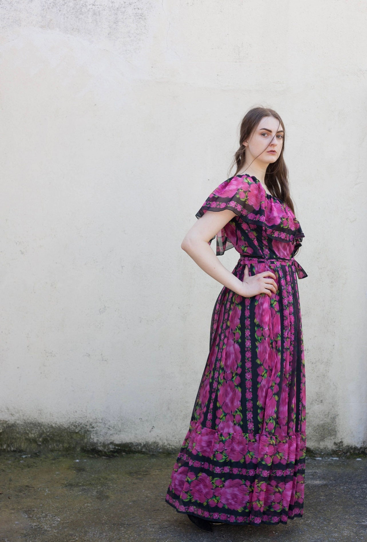 Vintage 70s pink floral off shoulder maxi dress