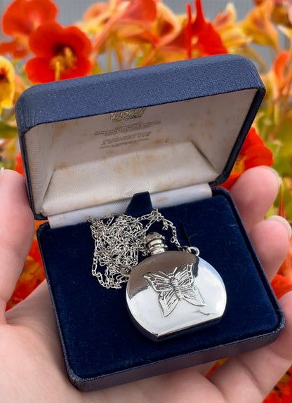 Vintage Silver Butterfly Perfume Bottle Pendant Necklace