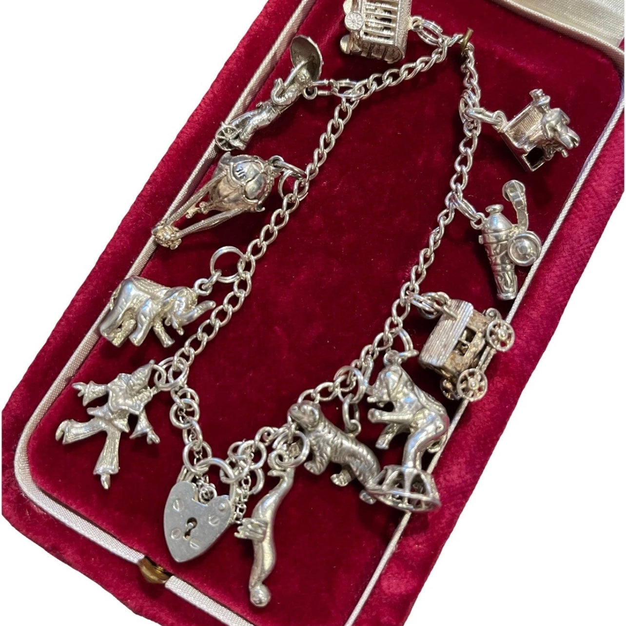 RARE Vintage Sterling Silver Circus Theme Charm Bracelet Tiger Lion Clown