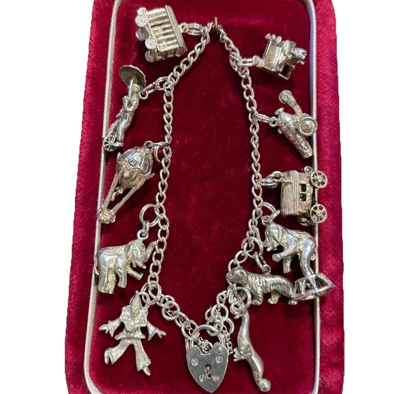 RARE Vintage Sterling Silver Circus Theme Charm Bracelet Tiger Lion Clown