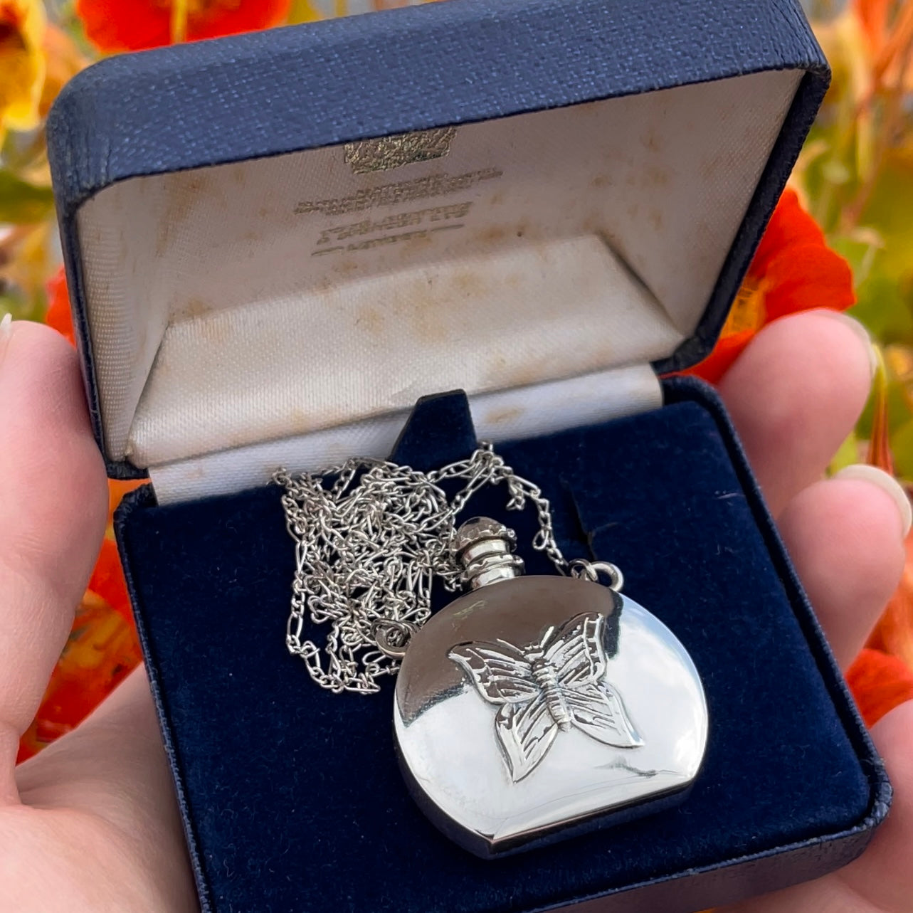 Vintage Silver Butterfly Perfume Bottle Pendant Necklace