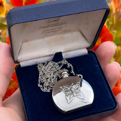 Vintage Silver Butterfly Perfume Bottle Pendant Necklace