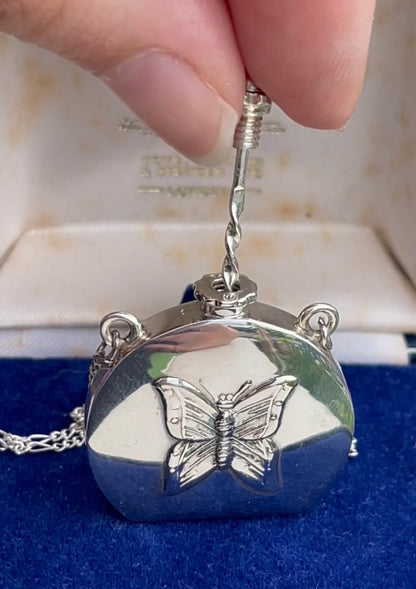 Vintage Silver Butterfly Perfume Bottle Pendant Necklace