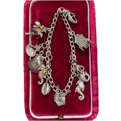 Vintage Sterling Silver Ocean Theme Charm Bracelet Mermaid Seahorse