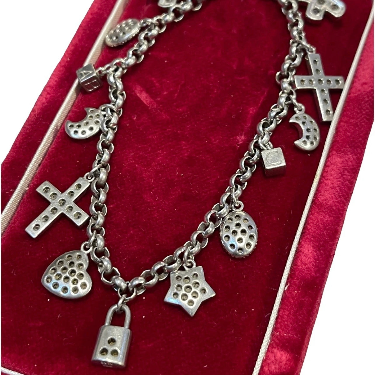 Vintage Sterling Silver moon star Charm Bracelet 13 charms cz