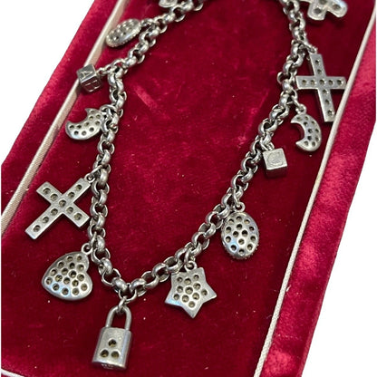 Vintage Sterling Silver moon star Charm Bracelet 13 charms cz