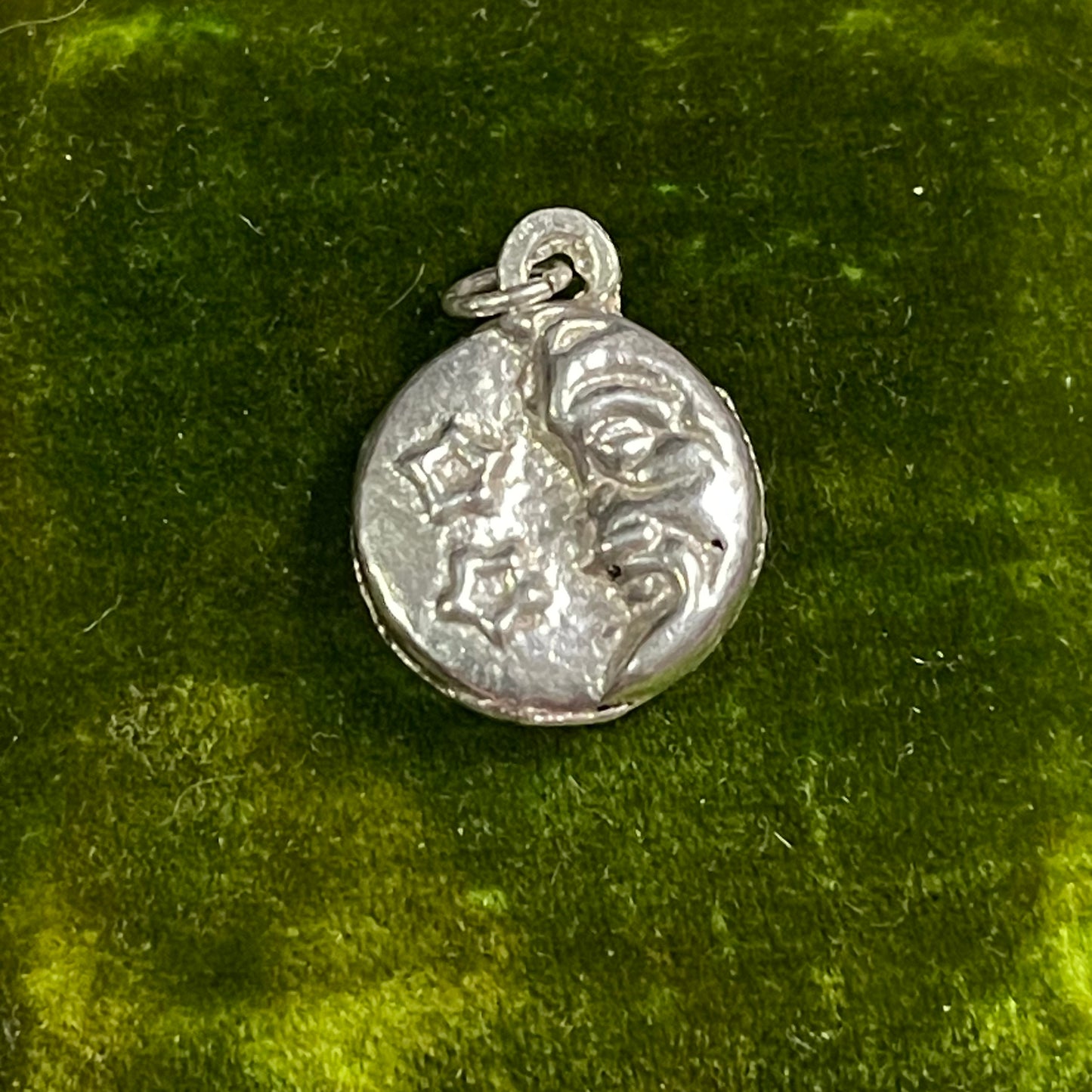 Old Vintage Sterling Silver Moon Face & Stars 3d Double Sided Charm Pendant