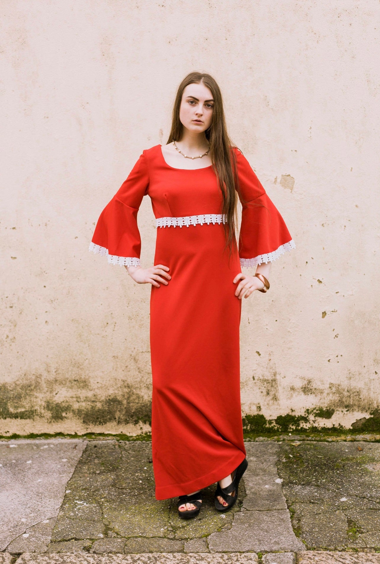 Vintage 60s red white crochet lace bell sleeve maxi dress