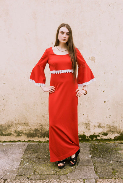 Vintage 60s red white crochet lace bell sleeve maxi dress