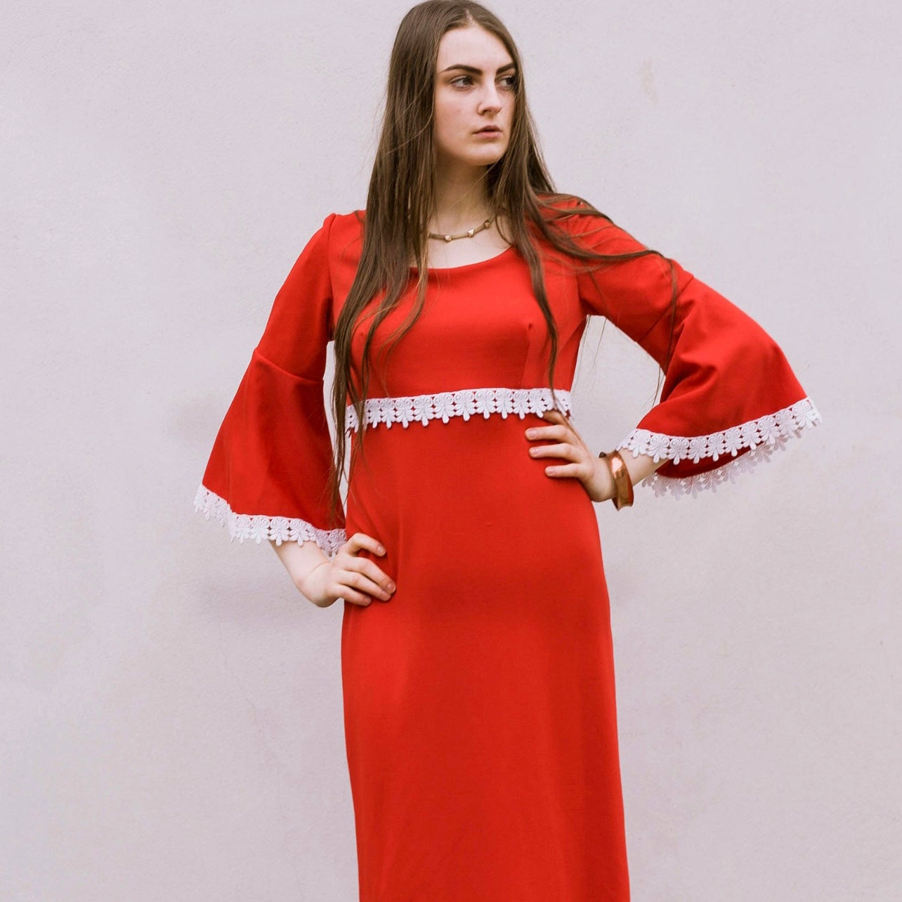 Vintage 60s red white crochet lace bell sleeve maxi dress