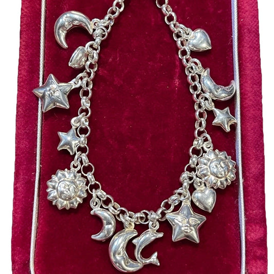 Vintage Sterling Silver Celestial Puffy Moon Star Sun Charm Bracelet