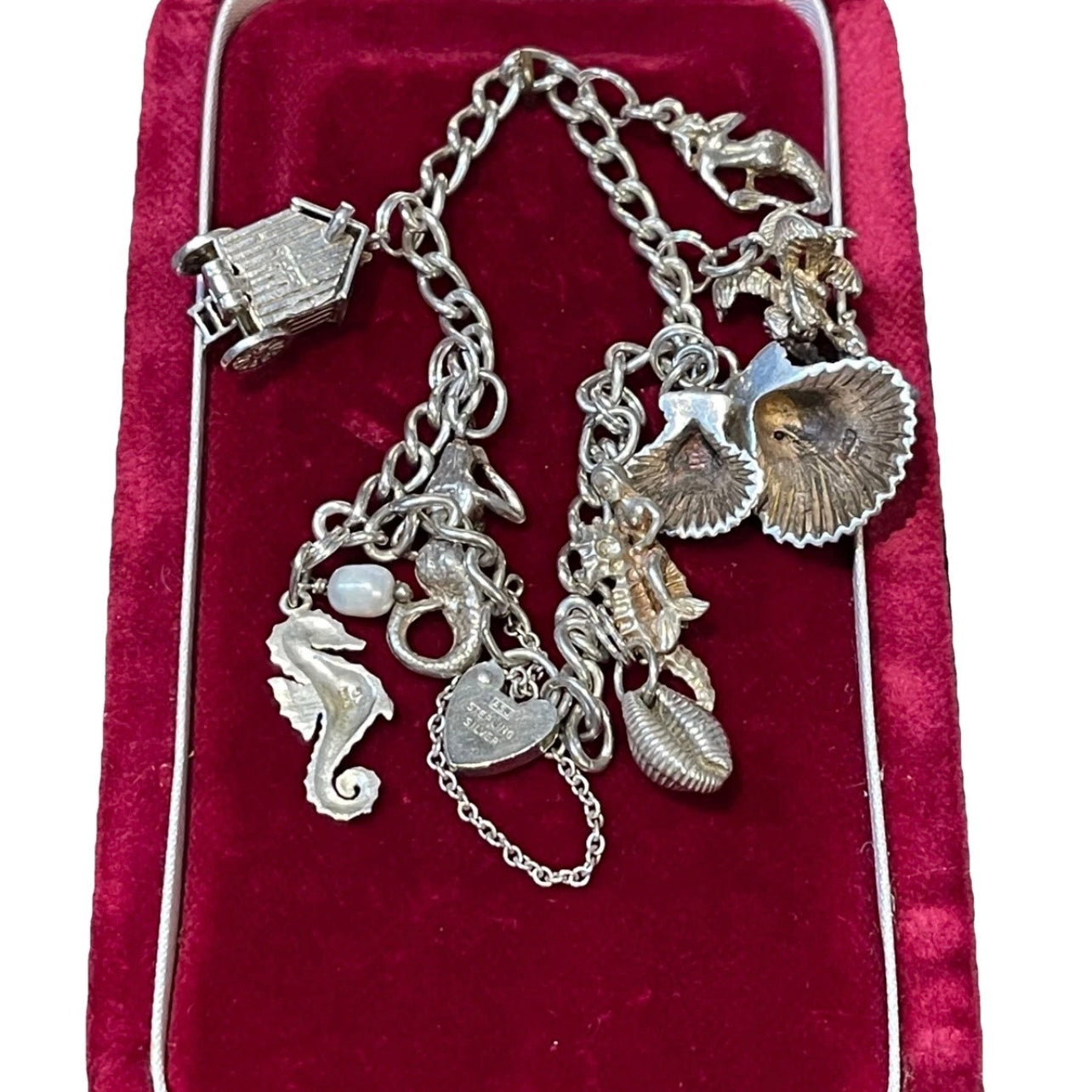 Vintage Sterling Silver Ocean Theme Charm Bracelet Mermaid Seahorse