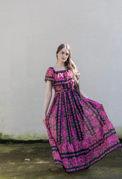 Vintage 70s pink floral off shoulder maxi dress