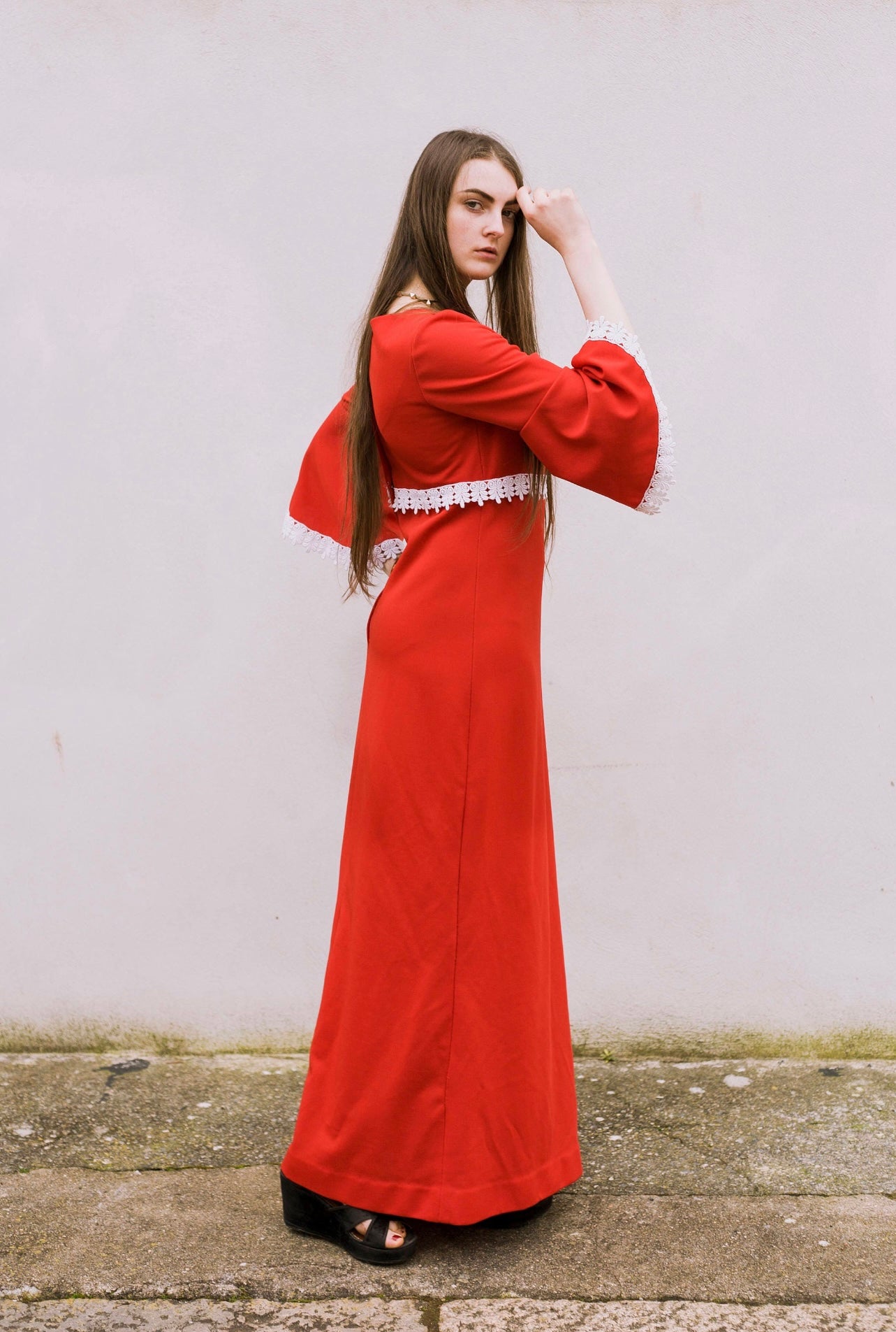 Vintage 60s red white crochet lace bell sleeve maxi dress