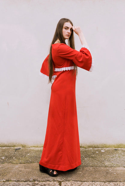 Vintage 60s red white crochet lace bell sleeve maxi dress