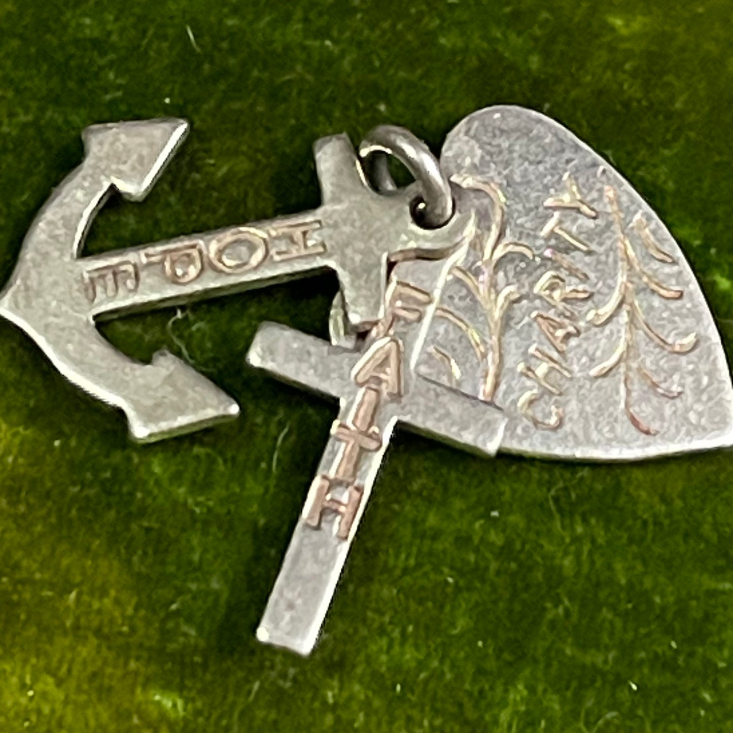 Vintage Sterling Silver Hope Faith Charity Heart Cross Anchor Charm Pendant