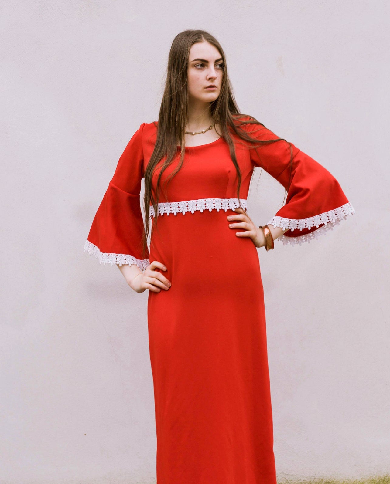 Vintage 60s red white crochet lace bell sleeve maxi dress