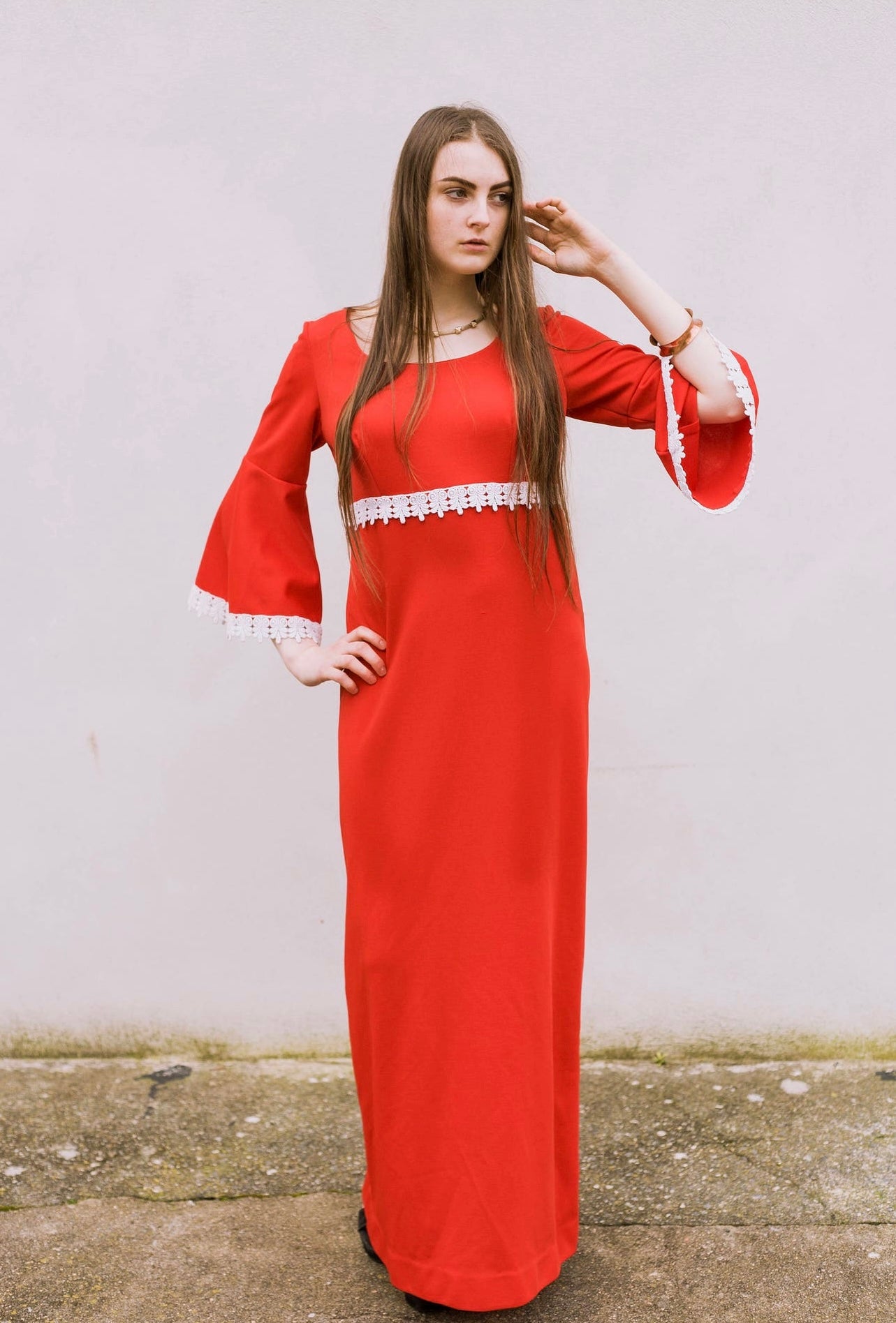 Vintage 60s red white crochet lace bell sleeve maxi dress