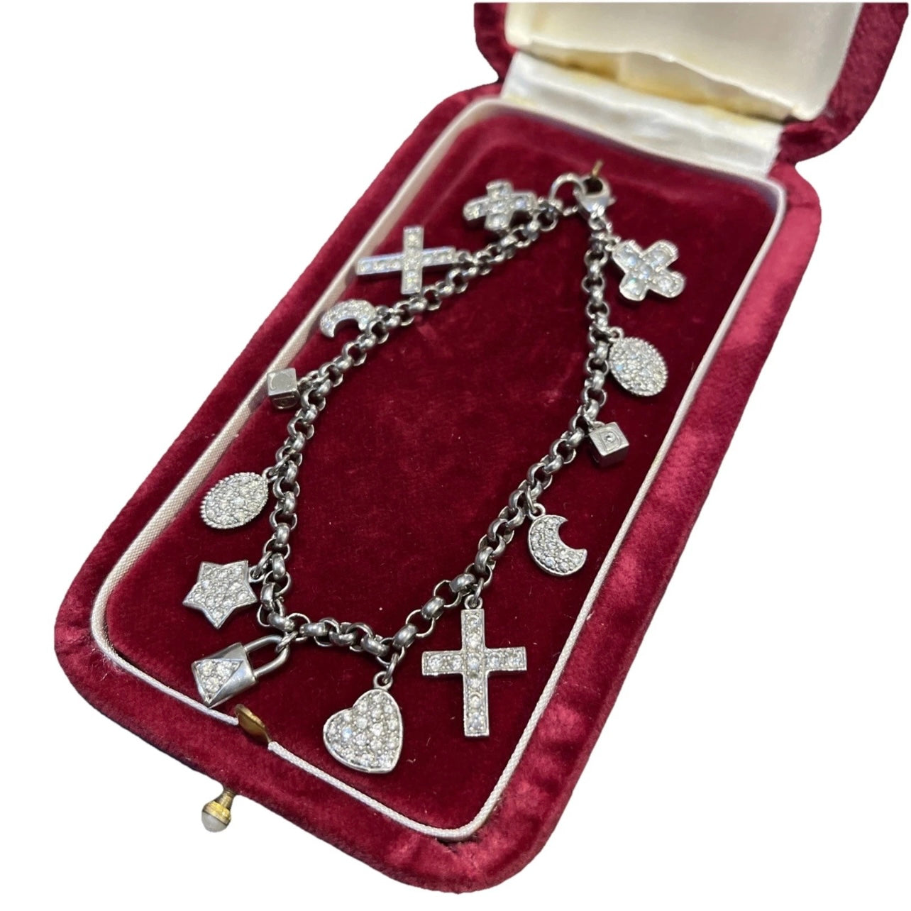 Vintage Sterling Silver moon star Charm Bracelet 13 charms cz