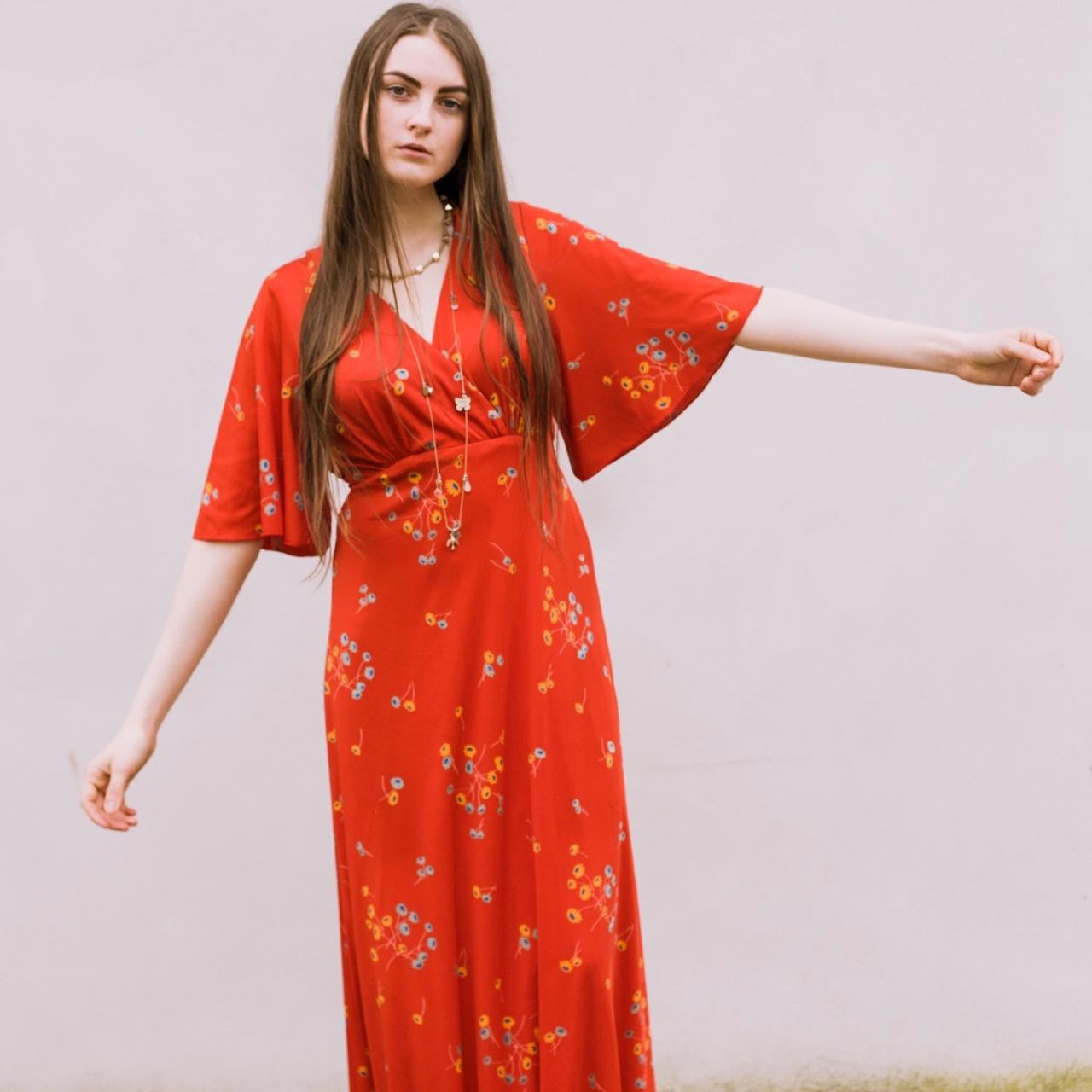 Vintage Red 70s Floral Angel Maxi dress