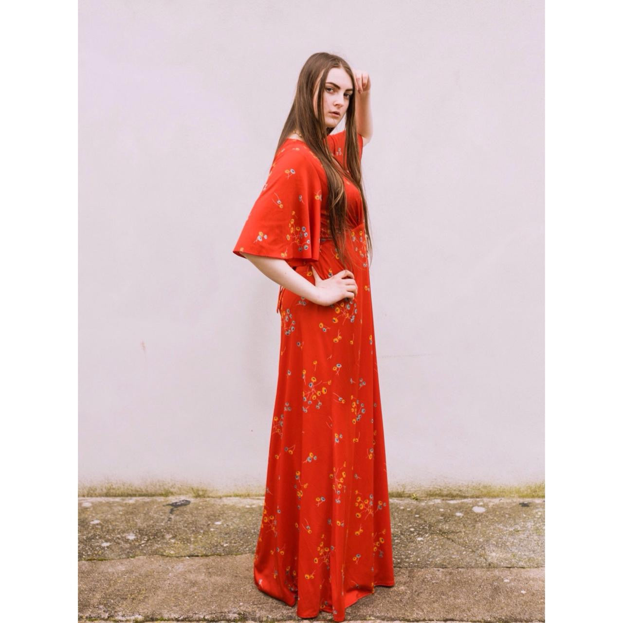 Vintage Red 70s Floral Angel Maxi dress